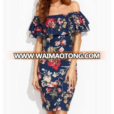 Ruffle  Plain Floral Printed Women  Off Shoulder Bodycon Sexy  Ladies Party  Dress