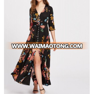 Hot Sale  Half Sleeve Button up V Neck Floral Print  Women Maxi Dress