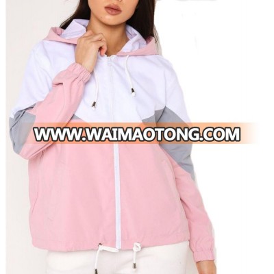 Outdoor  Spring  plain dyed Colour Block Windbreaker Long Sleeve Contrast Hooded  Woman Jacket Coat Top